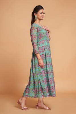 Beautiful Floral Printed Partywear Sea Green Colour Ethnic Festive Wear Kurti 2