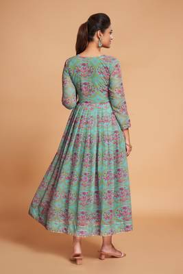 Beautiful Floral Printed Partywear Sea Green Colour Ethnic Festive Wear Kurti 3