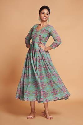 Beautiful Floral Printed Partywear Sea Green Colour Ethnic Festive Wear Kurti 4