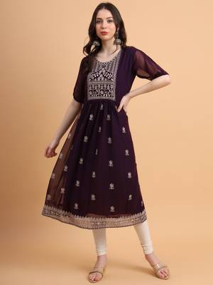 Ethnic Wine Colour Resham Embroidery Work Casual Party Kurti 1