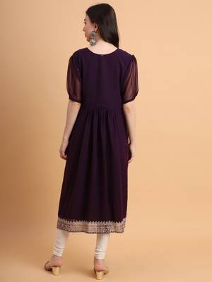 Ethnic Wine Colour Resham Embroidery Work Casual Party Kurti 2