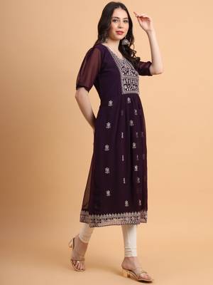 Ethnic Wine Colour Resham Embroidery Work Casual Party Kurti 4