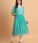 Ethnic Blue Colour Resham Embroidery Work Casual Party Kurti