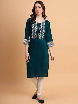 Teal Colour Ethnic Resham Embroidery Kurti For Fancy Looks 1