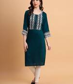 Teal Colour Ethnic Resham Embroidery Kurti For Fancy Looks