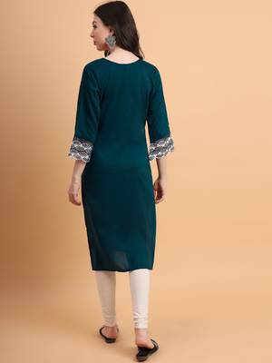 Teal Colour Ethnic Resham Embroidery Kurti For Fancy Looks 2
