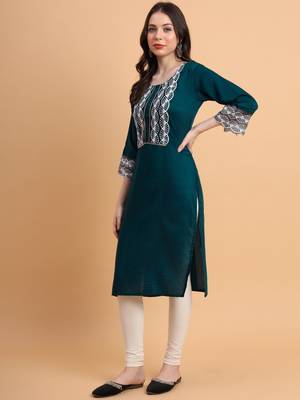 Teal Colour Ethnic Resham Embroidery Kurti For Fancy Looks 4