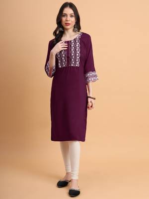 Wine Colour Ethnic Resham Embroidery Kurti For Fancy Looks 1