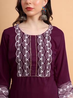 Wine Colour Ethnic Resham Embroidery Kurti For Fancy Looks 3