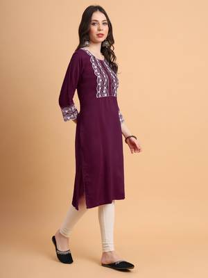 Wine Colour Ethnic Resham Embroidery Kurti For Fancy Looks 4