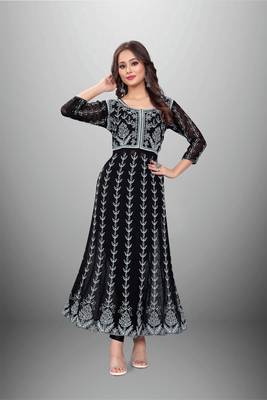 Black Colour Chikankari Work Embroidered Georgette Fabric Kurti 1
