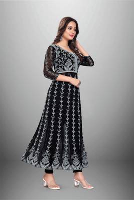 Black Colour Chikankari Work Embroidered Georgette Fabric Kurti 3