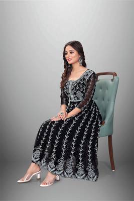 Black Colour Chikankari Work Embroidered Georgette Fabric Kurti 4