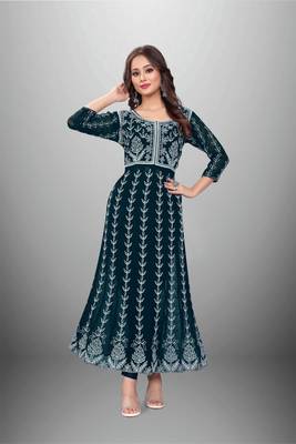 Teal Colour Chikankari Work Embroidered Georgette Fabric Kurti 1