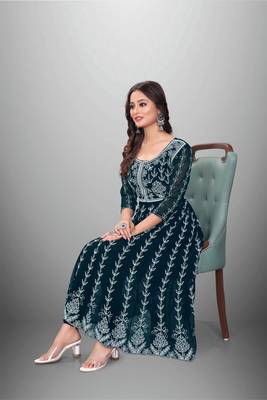 Teal Colour Chikankari Work Embroidered Georgette Fabric Kurti 3