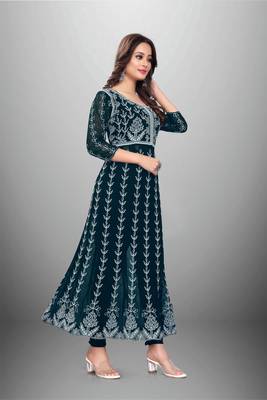 Teal Colour Chikankari Work Embroidered Georgette Fabric Kurti 4