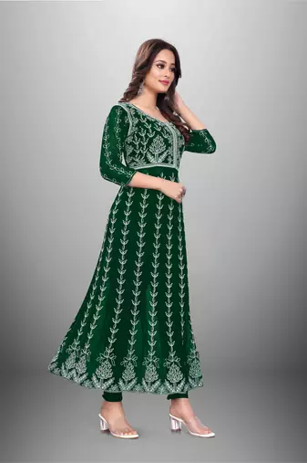 Green Colour Chikankari Embroidered Georgette Kurti