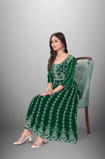 Green Colour Chikankari Embroidered Georgette Kurti