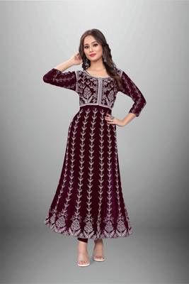 Wine Colour Chikankari Work Embroidered Georgette Fabric Kurti 1