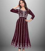 Wine Colour Chikankari Work Embroidered Georgette Fabric Kurti