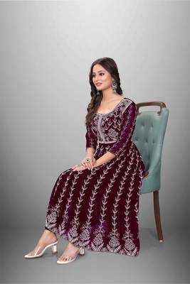 Wine Colour Chikankari Work Embroidered Georgette Fabric Kurti 3