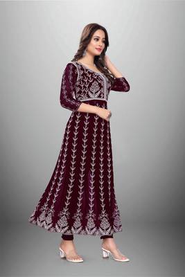 Wine Colour Chikankari Work Embroidered Georgette Fabric Kurti 4