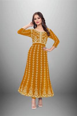 Mustard Colour Chikankari Work Embroidered Georgette Fabric Kurti 1