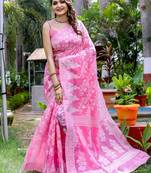 Pink Cotton Jamdani Sarees With Blouse