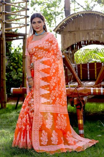 Orange Cotton Jamdani Sarees With Blouse