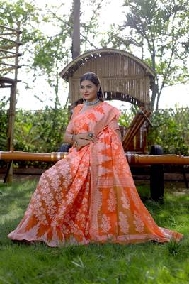 Orange Cotton Jamdani Sarees With Blouse 2