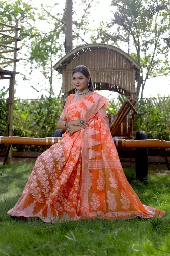 Orange Cotton Jamdani Sarees With Blouse