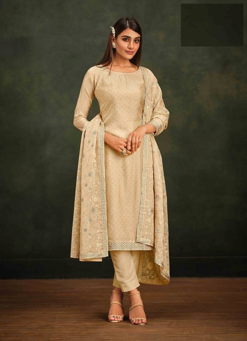 Ethnic Beige Colour Resham Embroidery Work Fancy Partywear Salwaar Kameez