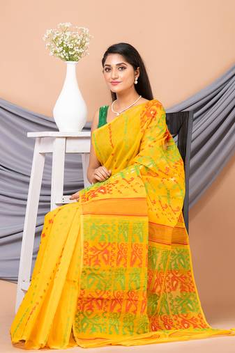 Yellow & Multi Pure Cotton Ethnic Motifs Jamdani Saree Without Blouse