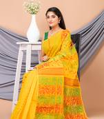 Yellow & Multi Pure Cotton Ethnic Motifs Jamdani Saree Without Blouse