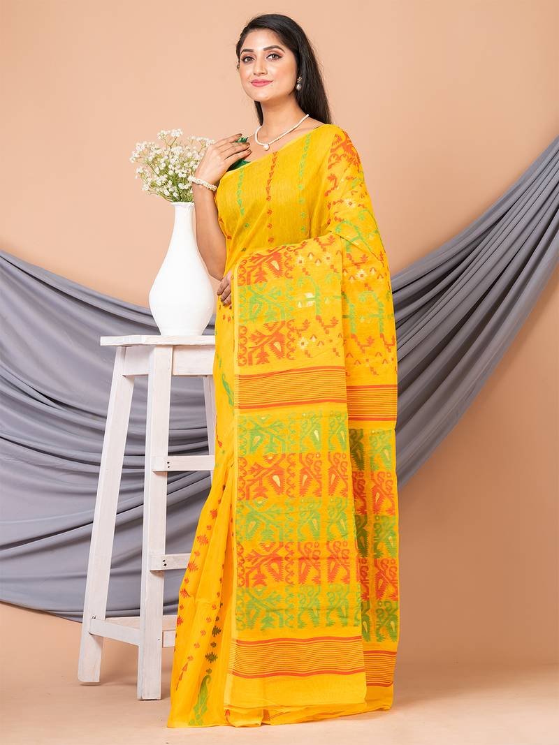Yellow & Multi Pure Cotton Ethnic Motifs Jamdani Saree Without Blouse