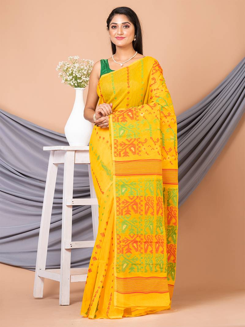 Yellow & Multi Pure Cotton Ethnic Motifs Jamdani Saree Without Blouse