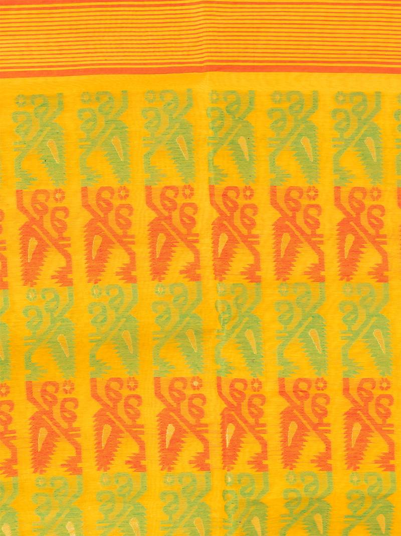 Yellow & Multi Pure Cotton Ethnic Motifs Jamdani Saree Without Blouse