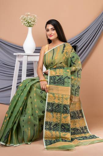Olive Green & Multi Pure Cotton Ethnic Motifs Jamdani Saree Without Blouse