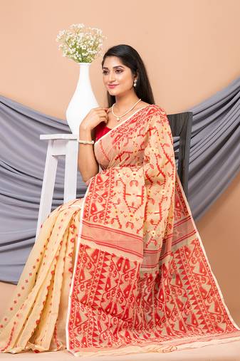 Beige & Red Pure Cotton Ethnic Motifs Jamdani Saree Without Blouse