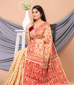 Beige & Red Pure Cotton Ethnic Motifs Jamdani Saree Without Blouse