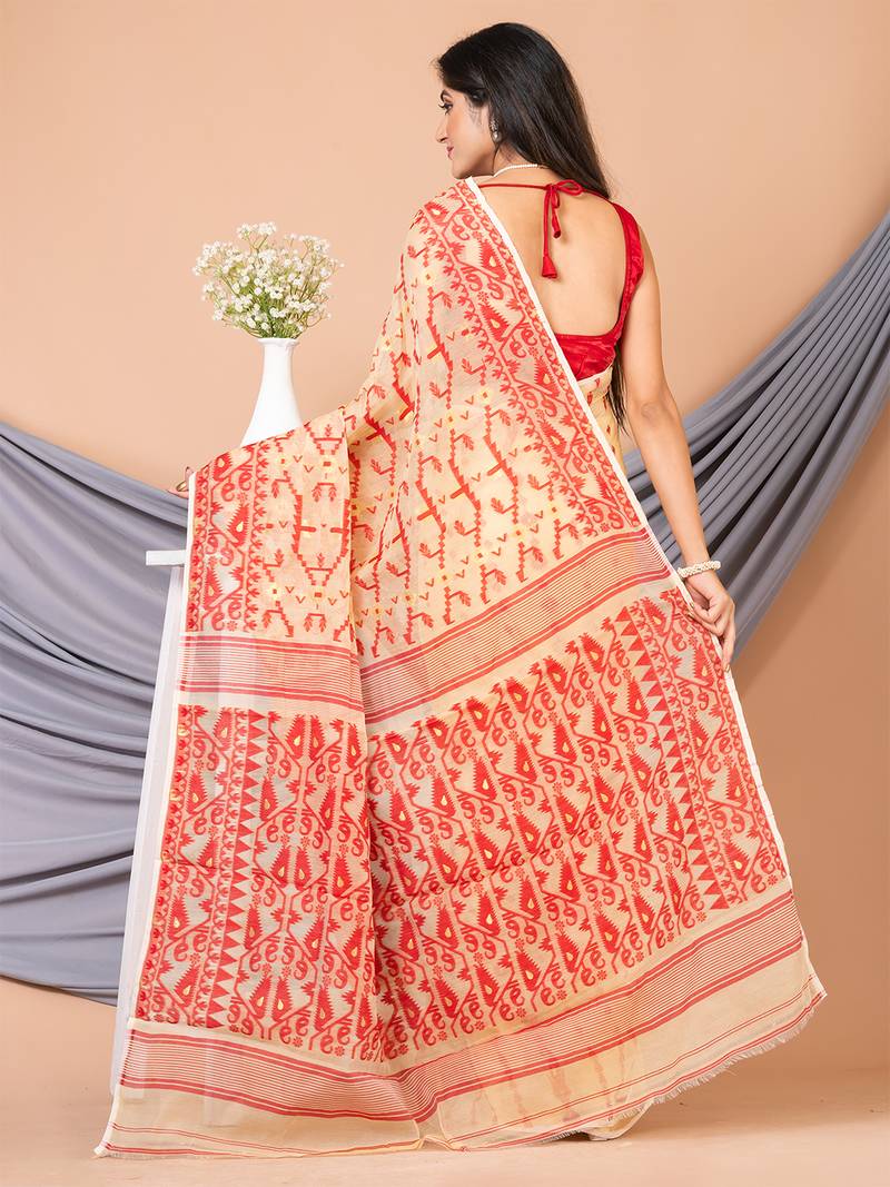 Beige & Red Pure Cotton Ethnic Motifs Jamdani Saree Without Blouse