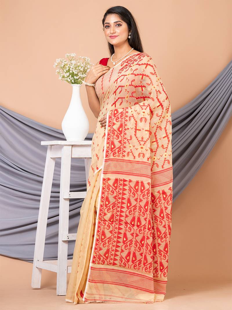 Beige & Red Pure Cotton Ethnic Motifs Jamdani Saree Without Blouse