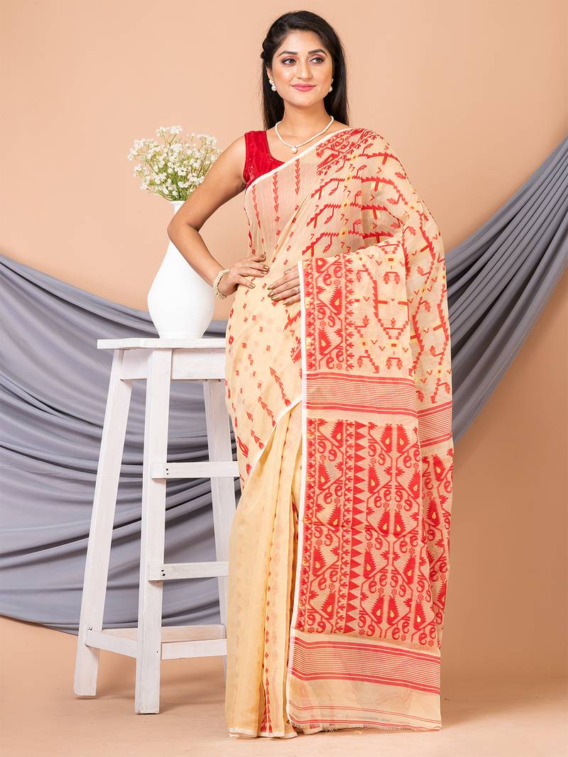Beige & Red Pure Cotton Ethnic Motifs Jamdani Saree Without Blouse