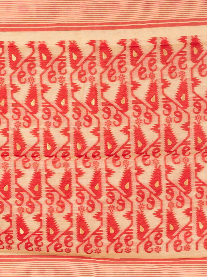 Beige & Red Pure Cotton Ethnic Motifs Jamdani Saree Without Blouse