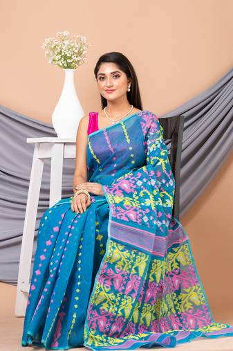 Blue & Multi Pure Cotton Ethnic Motifs Jamdani Saree Without Blouse