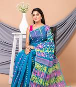 Blue & Multi Pure Cotton Ethnic Motifs Jamdani Saree Without Blouse