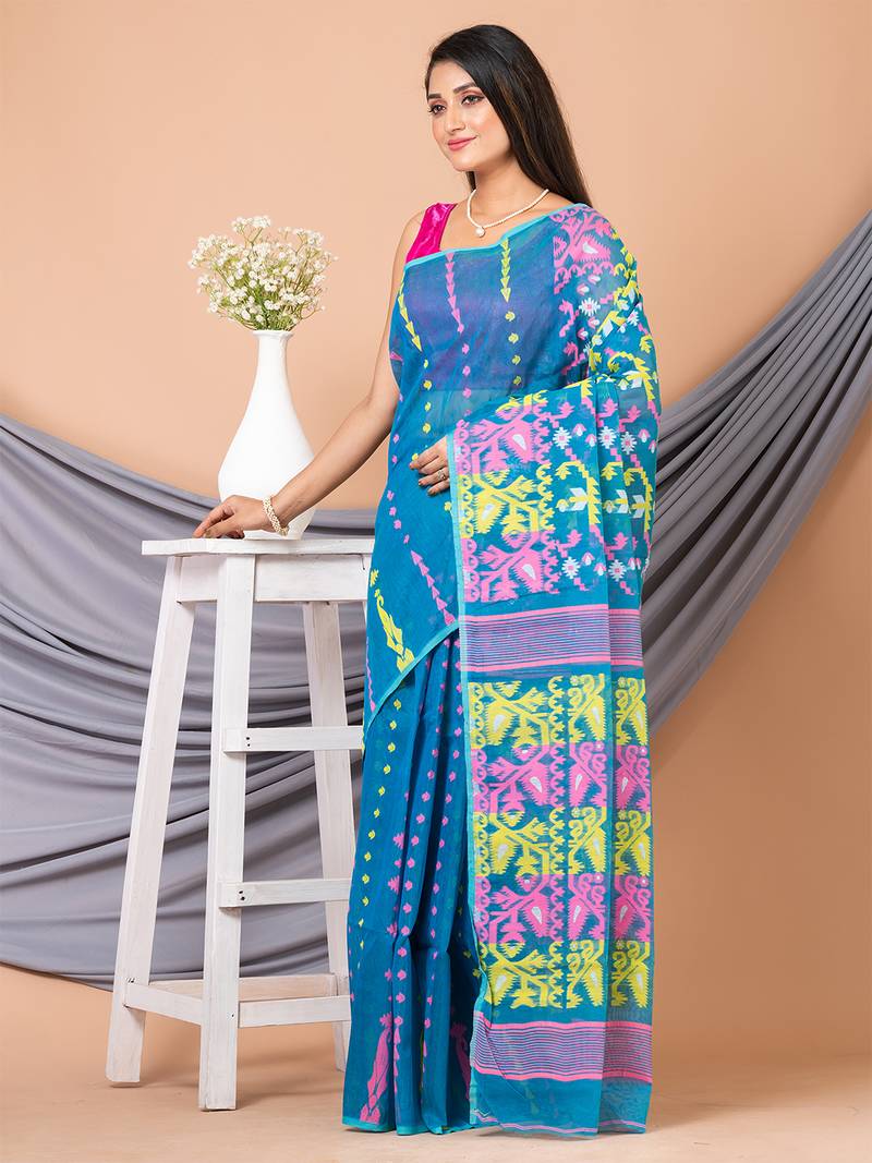 Blue & Multi Pure Cotton Ethnic Motifs Jamdani Saree Without Blouse