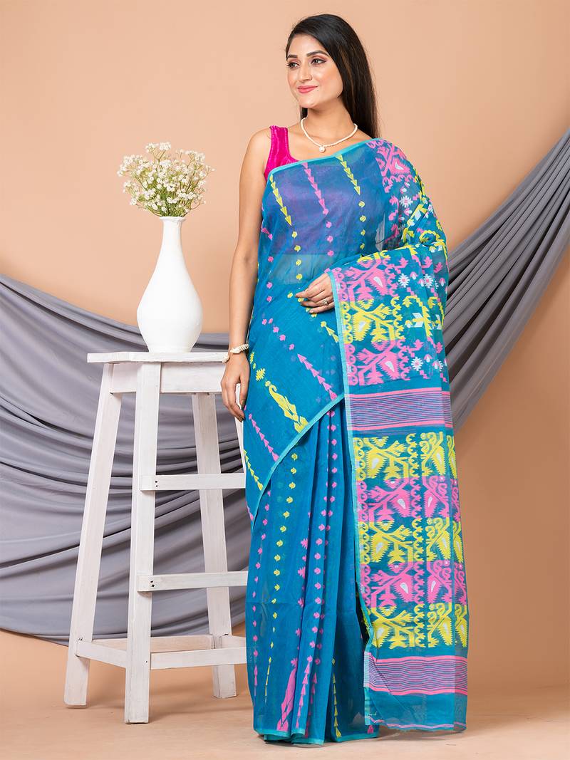 Blue & Multi Pure Cotton Ethnic Motifs Jamdani Saree Without Blouse