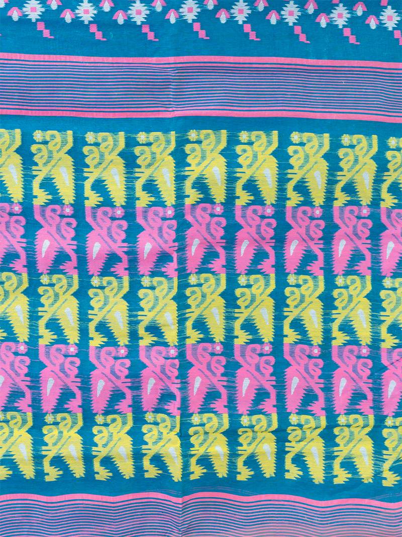 Blue & Multi Pure Cotton Ethnic Motifs Jamdani Saree Without Blouse