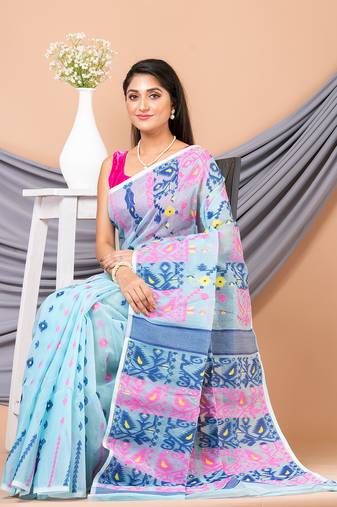 Sea Green & Multi Pure Cotton Ethnic Motifs Jamdani Saree Without Blouse